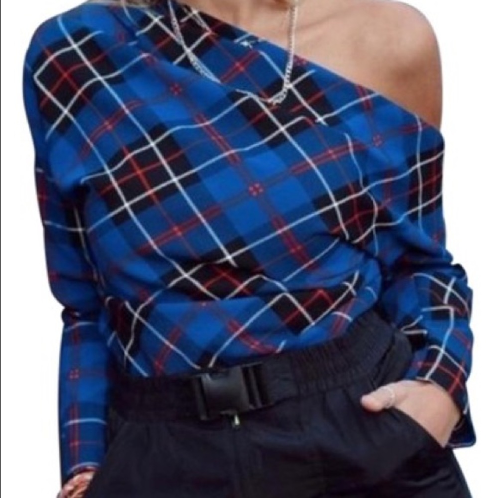 Zara Blue Black New Off The Shoulder Blouse